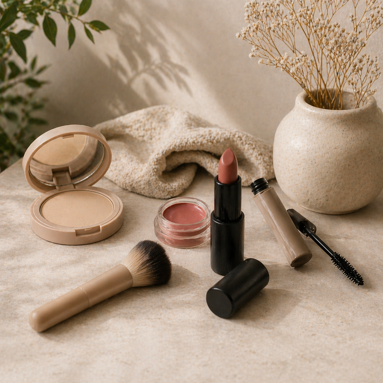 clean natural makeup products arranged on neutral surface with soft lighting