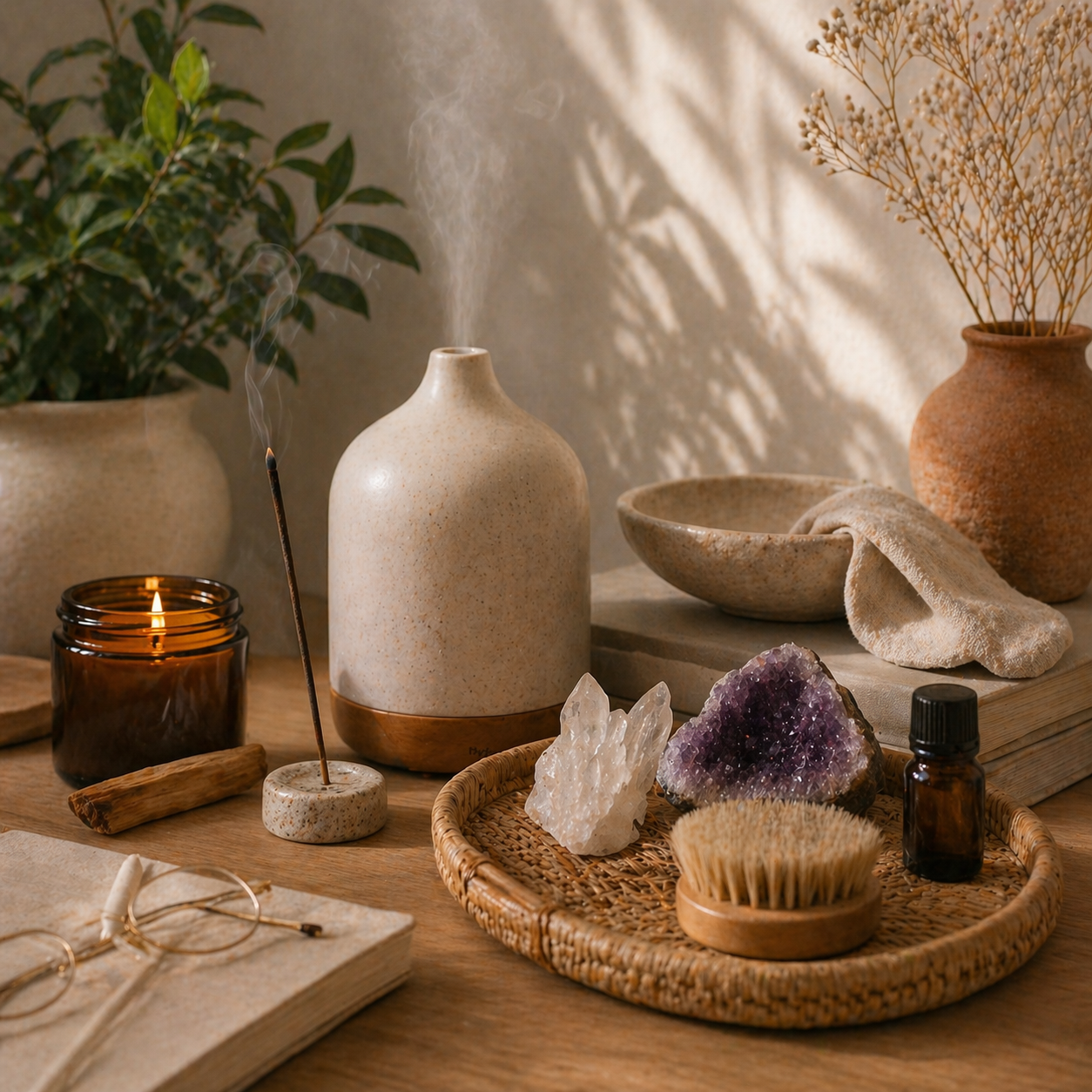 natural home essentials with candle incense crystals and warm neutral decor setting