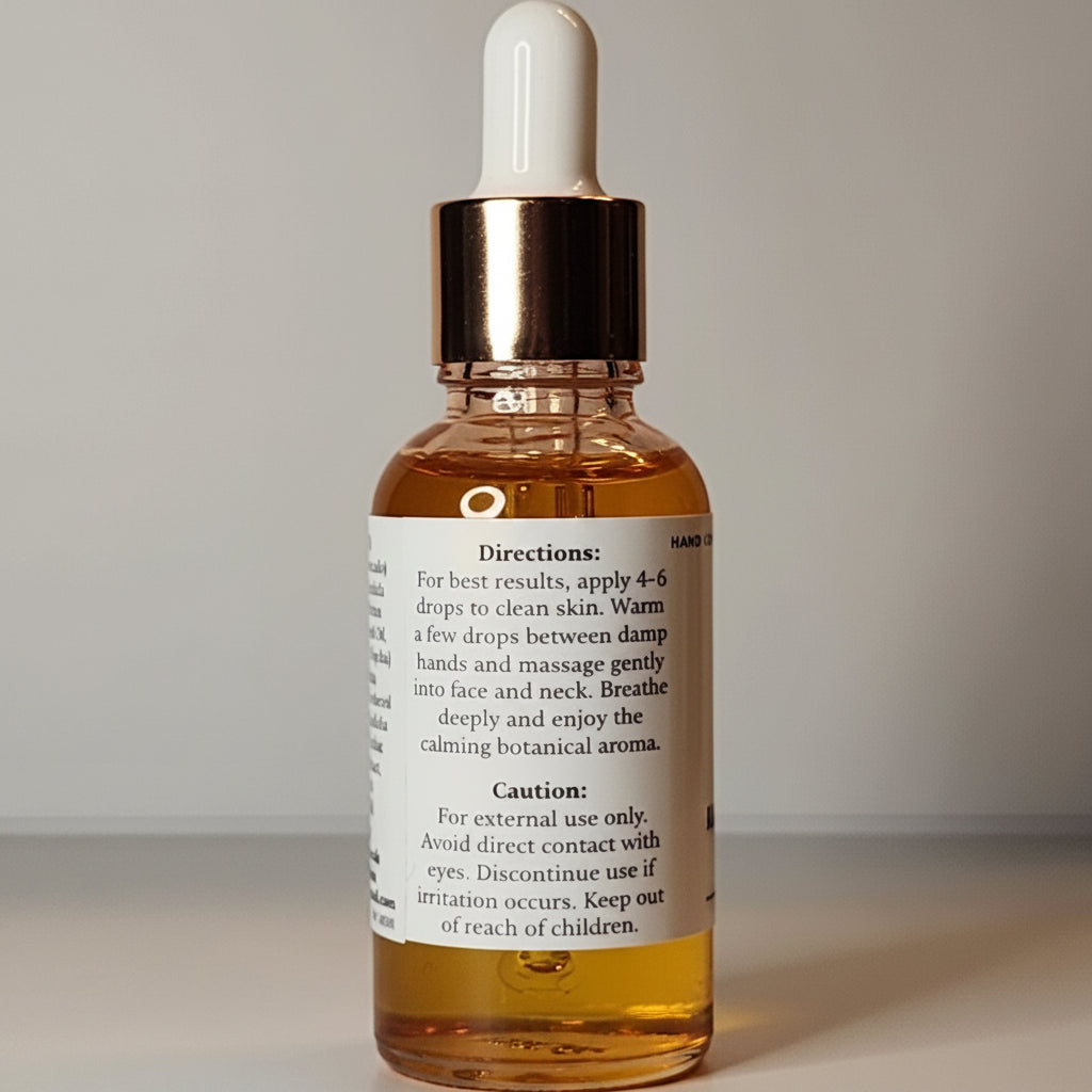 Glass dropper bottle with a white label on a neutral background