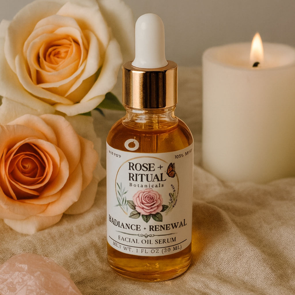 Facial oil serum bottle labeled 'Rose + Ritual Botanicals' with roses and a candle in the background.