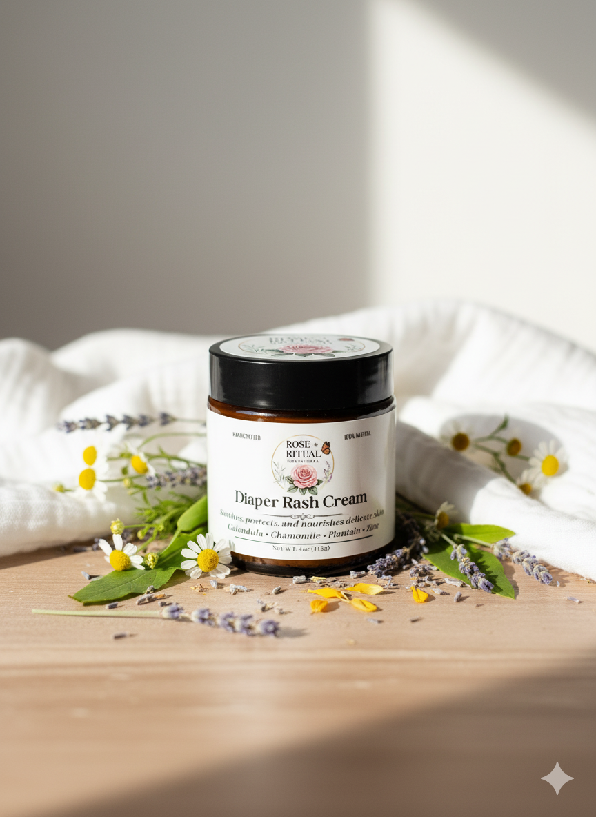 Rose + Ritual Botanicals diaper cream jar with dried herbs and linen 